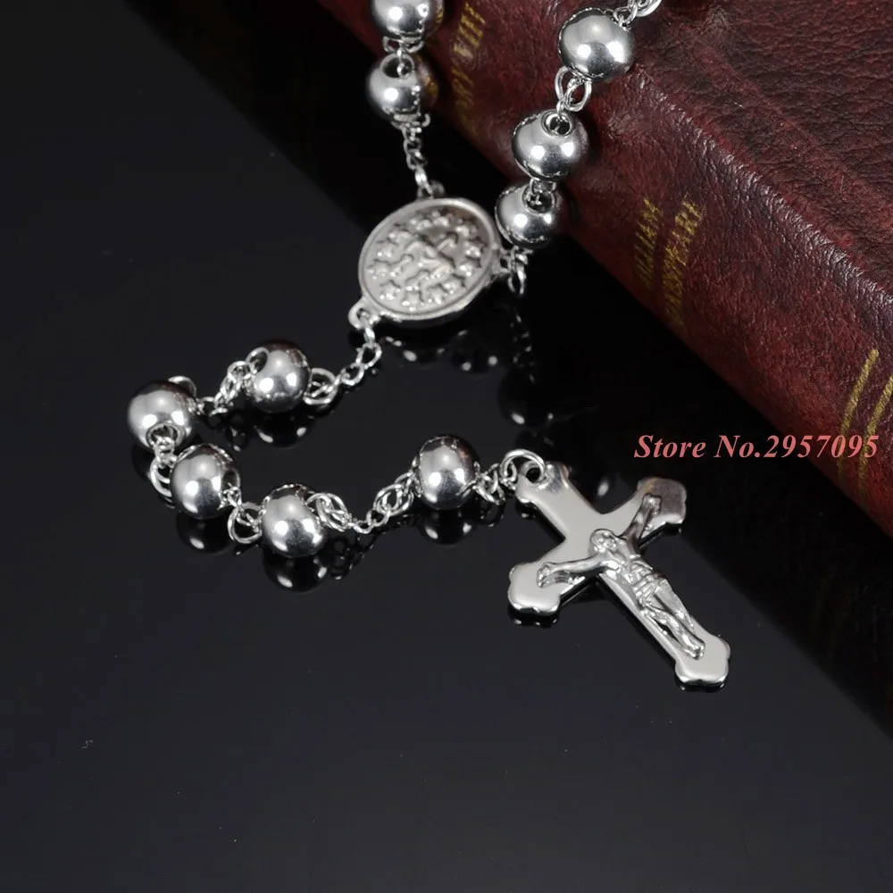 4/6/8/10MM Classic Womens Mens Necklace Stainless Steel Silver Color Bead Rosary Chain Jesus Christ Cross Pendant Free Shipping