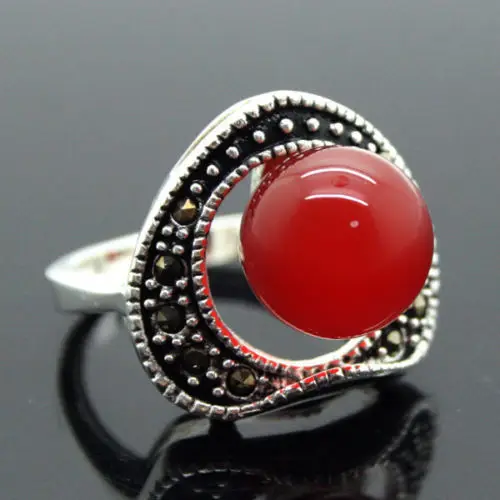 

wholesale Pretty 6mm Red Natural JADE Beads Inlay Marcasite 925 Sterling Silver Ring 7/8/9/10