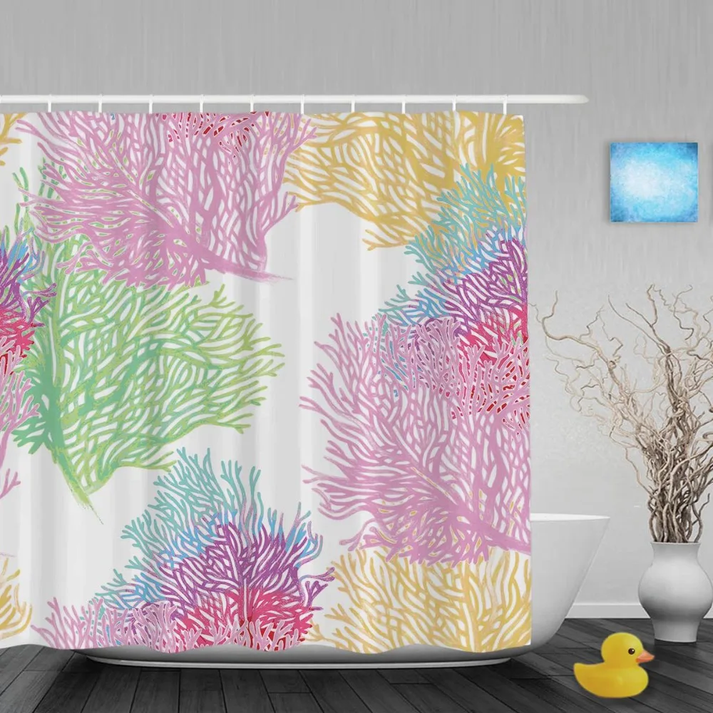 Seabed With Corals Bathroom Shower Curtain Sea Animals Decor Shower Curtains Waterproof Mildewproof Polyester Fabric With Hooks