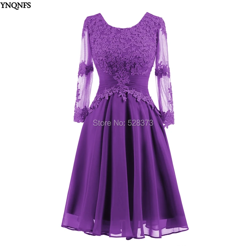 

YNQNFS BD85 Real Guest Dress Chiffon Long Sleeves Short Bridesmaid Dresses Purple/Lilac/Blue/Coral/Silver/Black/Burgundy 2019