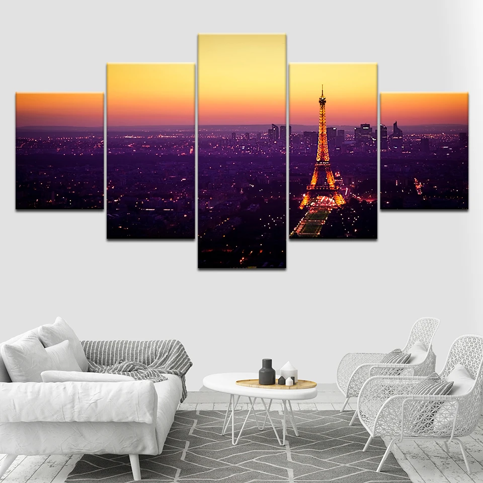 Tower in sunset Paris city 5 Piece HD Wallpapers Art Canvas Print modern Poster Modular art painting for Living Room Home Decor