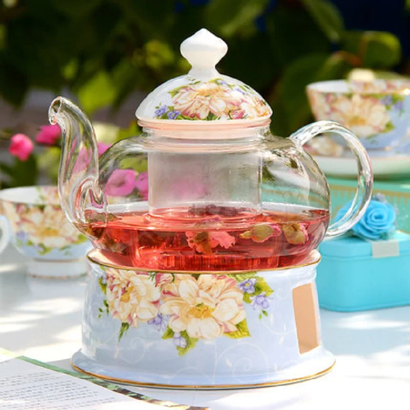 

Glass tea set creative bone china flower teapot teacup heat tea filter kung fu ceramic stove Tea lid + teapot + tea stove