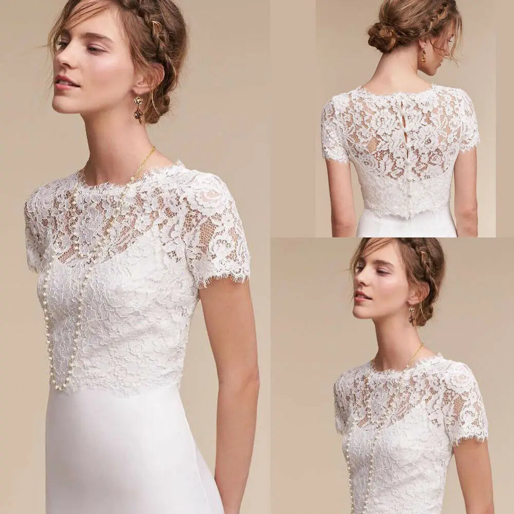 

New Arrive Wedding White Ivory Bridal Bolero Jacket Wraps Women O-Neck Short Sleeve Lace Applique Top Wraps Custom Size Jackets