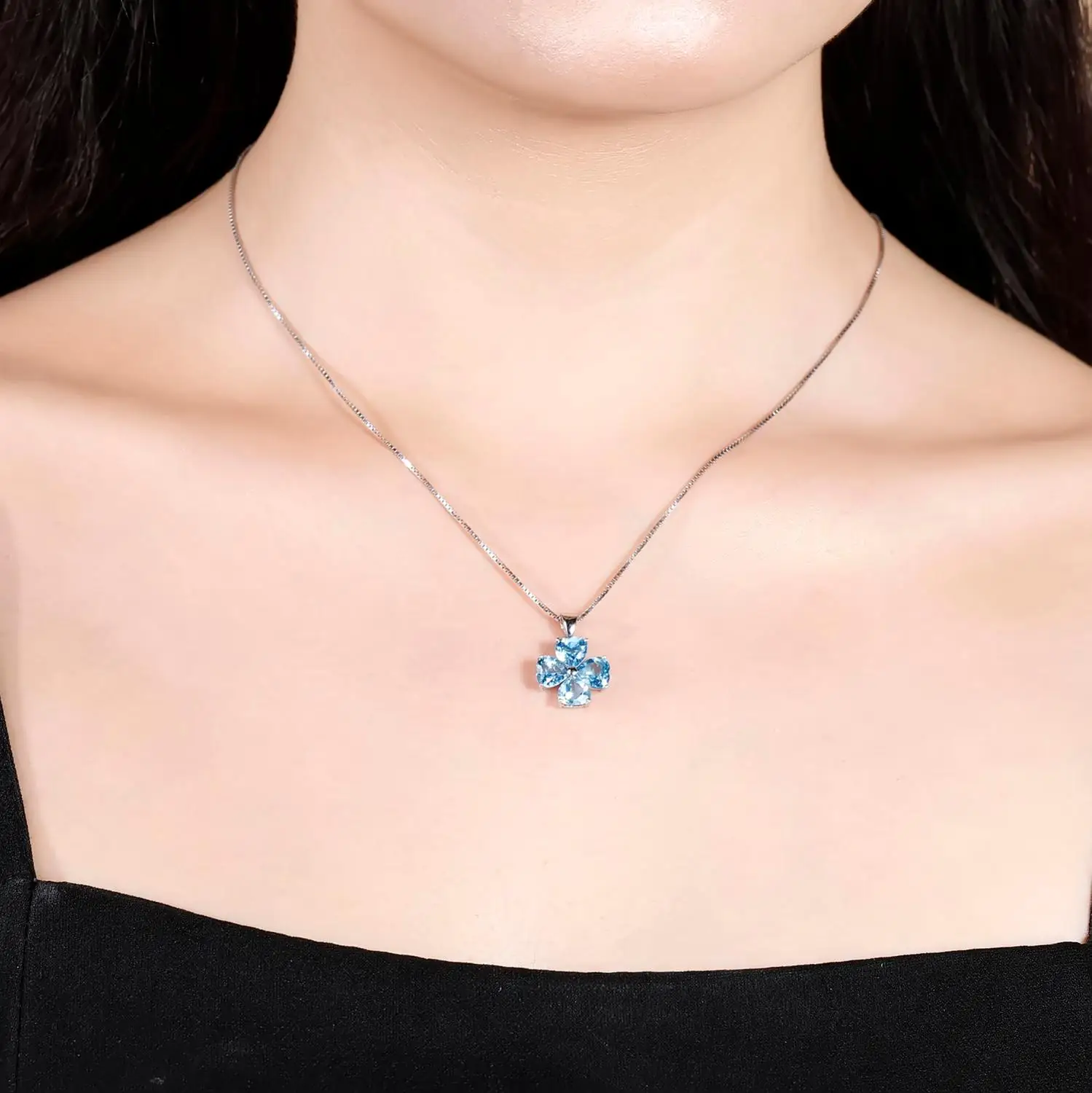 GEM'S BALLET 0.95ct Natural Swiss Blue Topaz Clover Design Solid 585 14K 10K 18K Gold 925 Silver Pendant Necklace For Women Gift