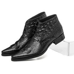 Large Size EUR45 Crocodile Grain Black / Brown Tan Wedding Shoes Mens Ankle Boots Genuine Leather Boots Male Office Shoes