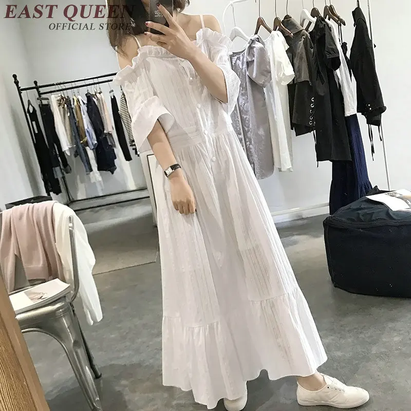 

woman beach dress 2018 summer button front bare shoulder dress long white cotton summerdress with flounces NN0364 CQ