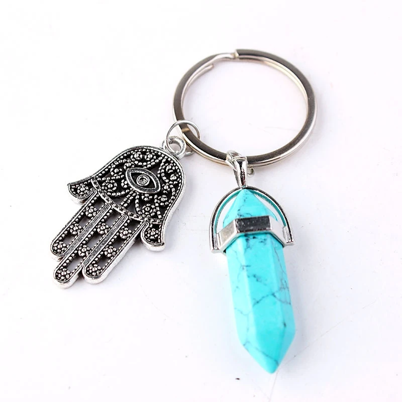 Natural Hexagonal Column Stone Keychain Women Pink Quartz Opal Crystal Key Chain With Evil Eye Fatima Jewelry Party Friends Gift