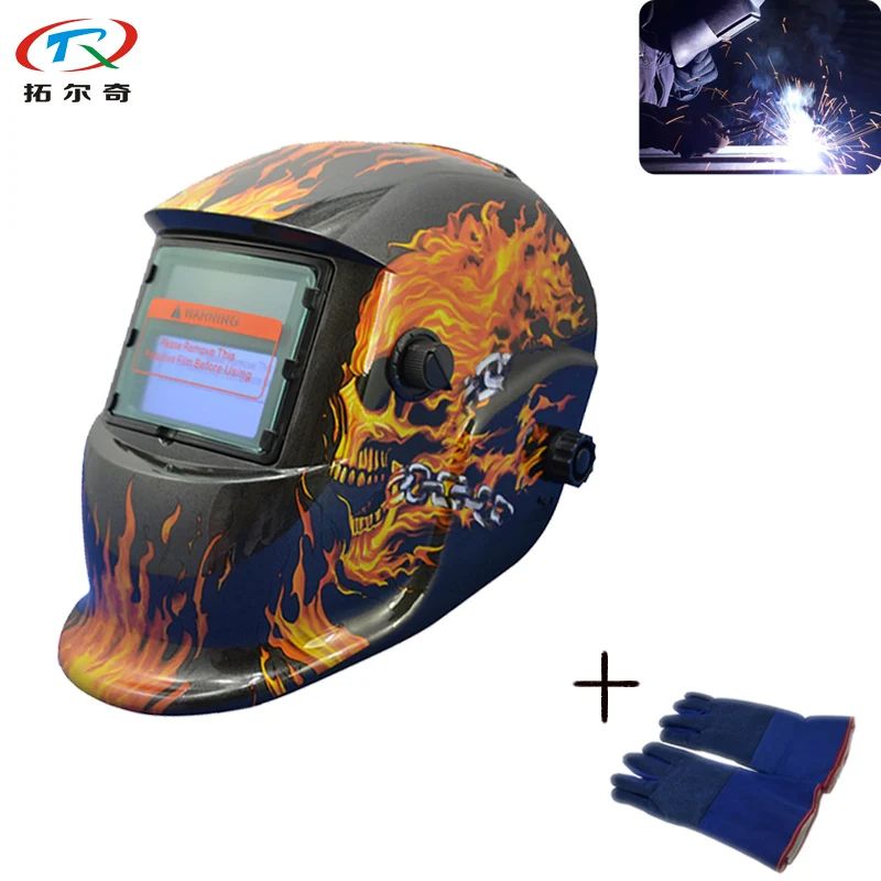 Black Flame Skeleton Tig Mig Solar Lithium Battery Welding Helmet/Electric Mask/Soldering Mask+Weld Glove TRQ-HD07-2233DE