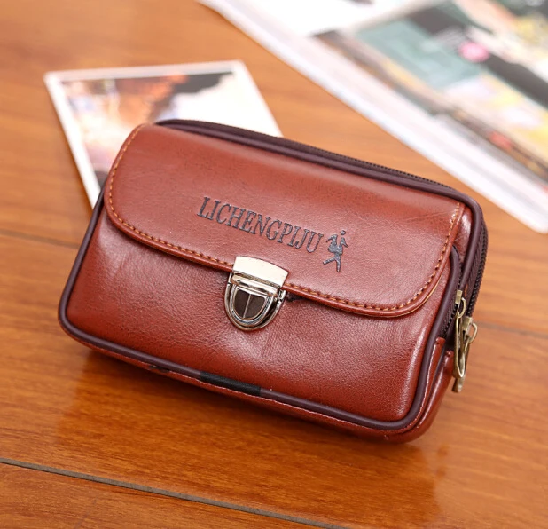 

New Men Fanny Pack For Mobile Phone Male Brown Black Lock Zipper Coin Purse PU Leather Good Quality Bag Casual Waist Packs Bags