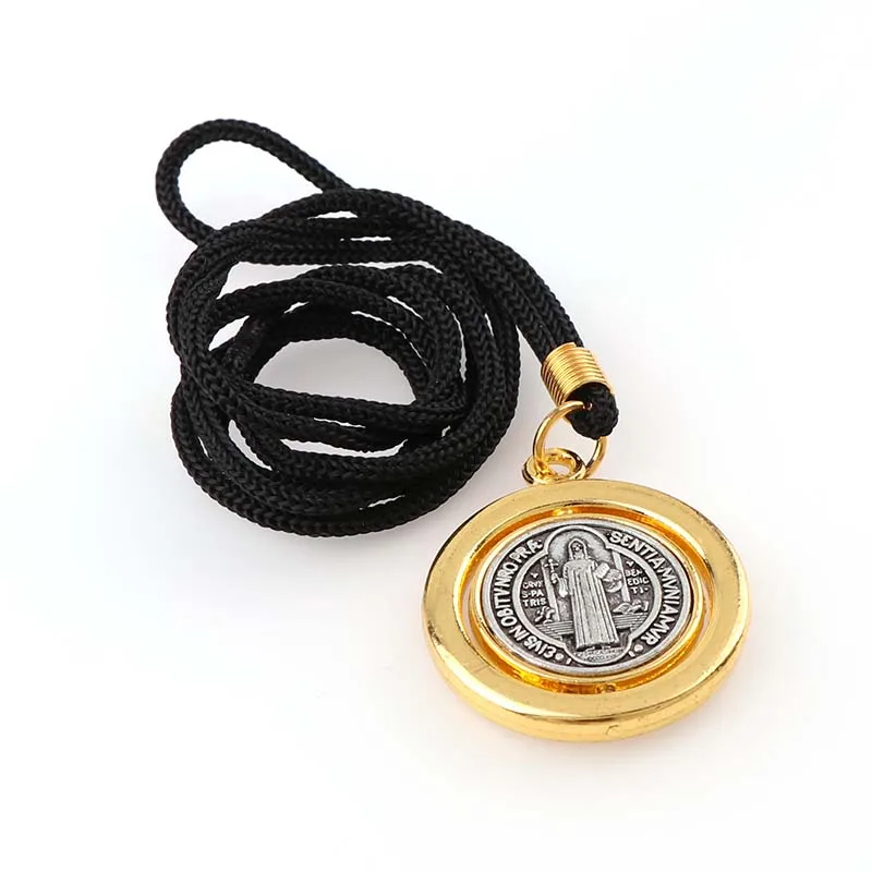 70cm Black  Rope Round Rotatable Saint Benedict Medal Pendant Necklace with Silver and Yellow Gold Color Charms  Necklace