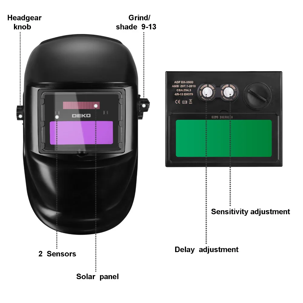 DEKO – casque de soudage à énergie solaire DKMZ350, auto-assombrissant, pour meulage, Machine à souder, masque de soudage à lumière automatique