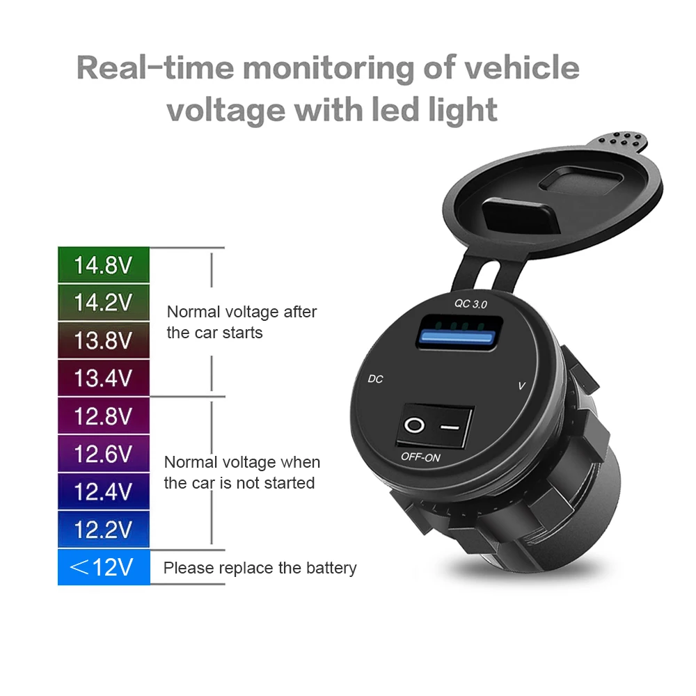 Tomada do carregador USB do carro, adaptador de carga rápida à prova d'água, interruptor ON-OFF, tomada QC3.0 para carro, motocicleta, fuzileiro naval, 18W