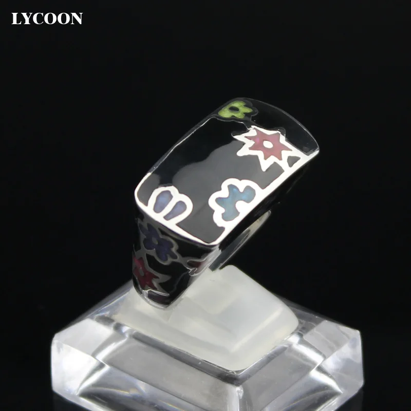 LYCOON Fashion woman colorful flowers resin rings 316L stainless steel polish Imported black Enamel ring in square shape SUK0009