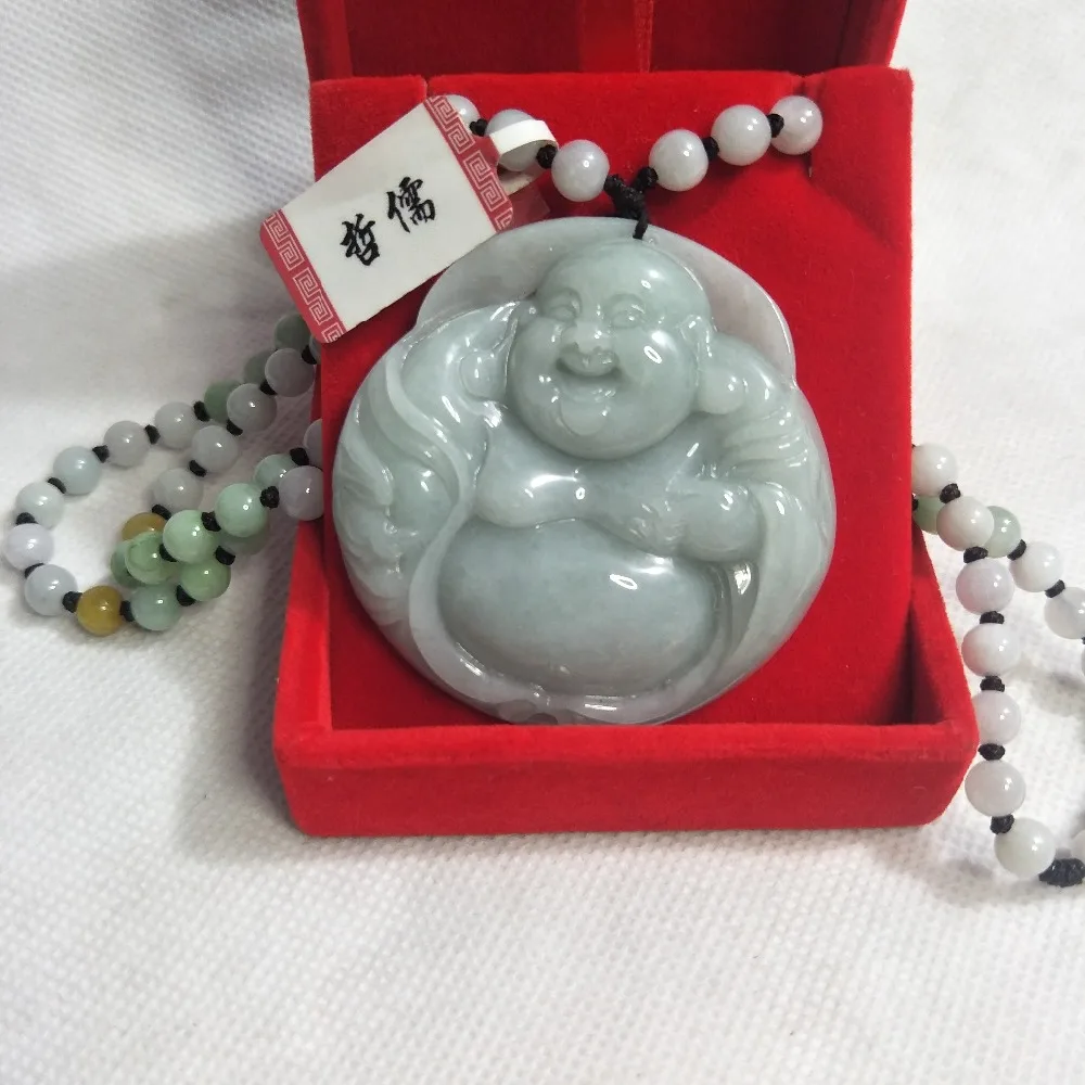 Zhe Ru Jewelry Pure Natural Jadeite Light Green Happy Buddha Pendant Tricolor Jade Bead Necklace Gift Class A National Certifica