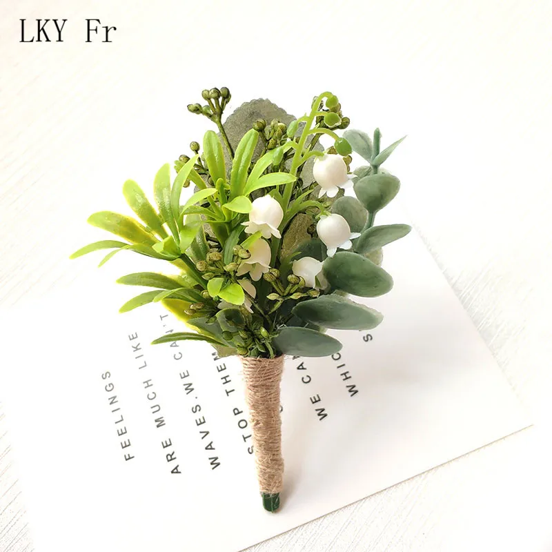 LKY Fr Boutonniere Corsage Pin ดอกไม้สีเขียวป่าแต่งงาน Boutonniere Buttonhole ผู้ชาย Planner แต่งงาน Corsages เข็มกลัด