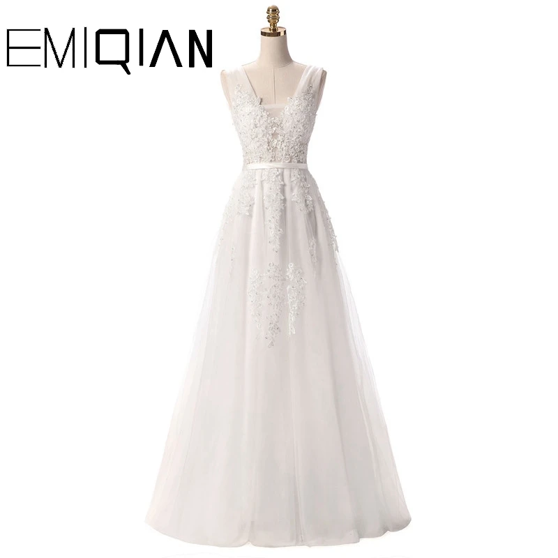 V Neck Wedding Dresses White Floor Length Applique Open Back Sleeveless A Line Backless Bridal Dress Vestido De Noiva