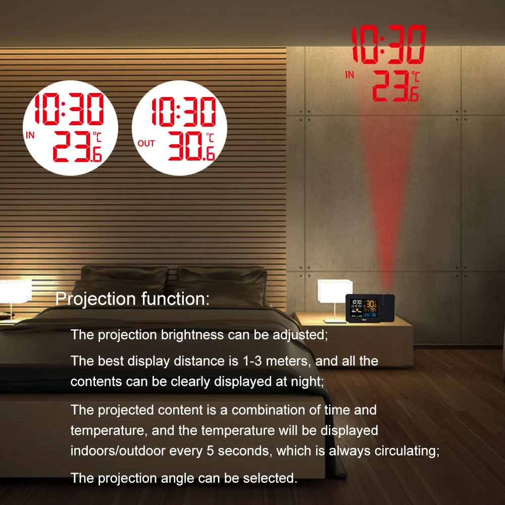 FJ3391 WWVB Radio Digital Clock Alarm US Pulg Barometer Forecast  Wireless Projection Multifunctional LED Table Watch Clocks