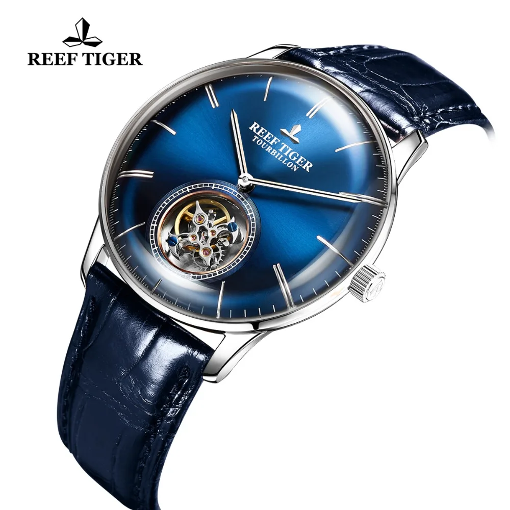 Reef Tiger/RT Luxury Brand Automatic Mechanical Watches Blue Tourbillon Watch Men Leather Strap relogio masculine RGA1930