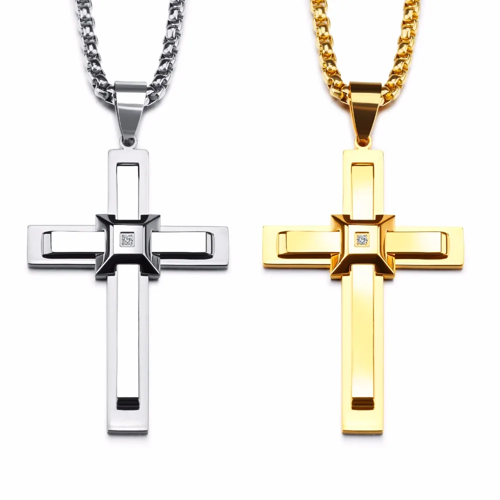 stainless steel AAA Crystals Large Huge Cross Pendant Men's Necklace Chain 3mm 24 inch