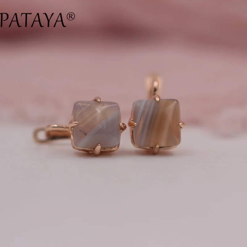 PATAYA New Arrivals Square Stripe Onyx Natural Stone Earrings 585 Rose Gold Color Dangle Earring Women India Jewelry Multicolor