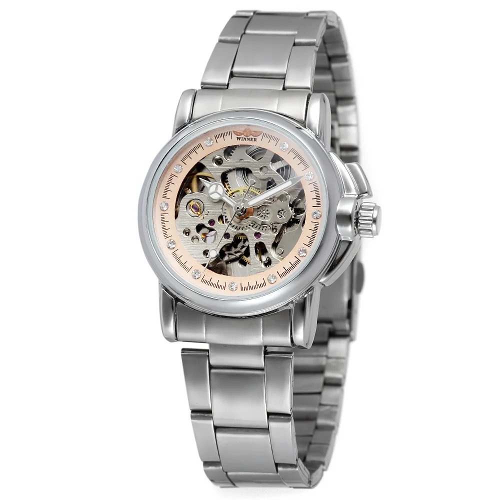 Luxury Gold Women Automatic Mechanical Watches Women Fashion Stainless Steel Clock Ladies Crystal Hollow Skeleton Watch Saati