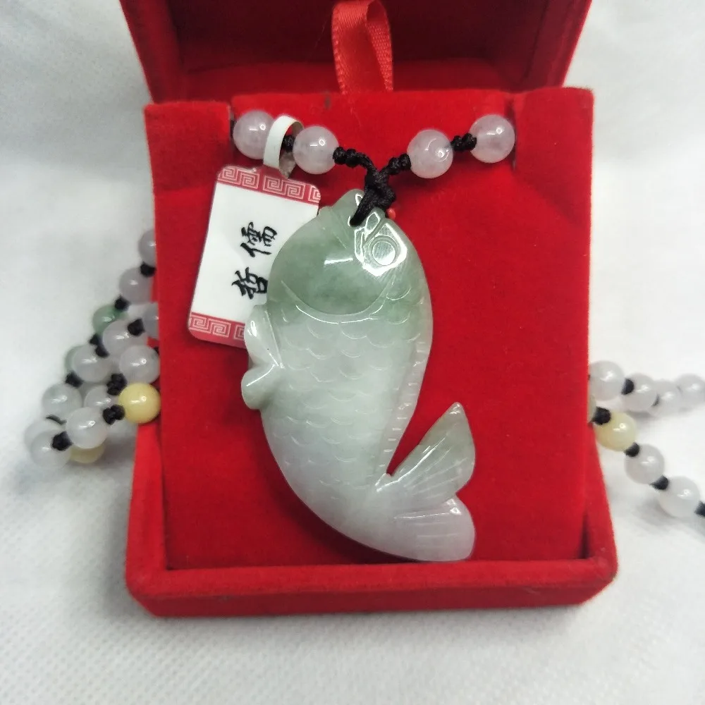 Zhe Ru Jewelry Pure Natural Jadeite Dark Green Two-Color Stereo Fish Pendant Tri-Color Jade Bead Necklace Send A-Class Certifica