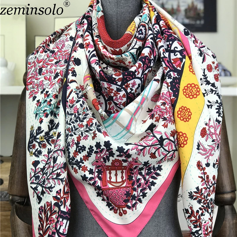 Luxury Brand Spring Printed 100% Silk Twill Scarves Women Bandana Large Square Silk Scarf Shawl Wraps Foulard 130x130cm