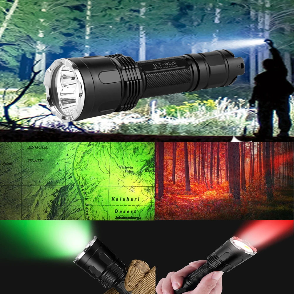 

JETBEAM WL20 Flashlight 1000 Lumens with USB charge 18650 2600mah rechargeable battery triple light white red green