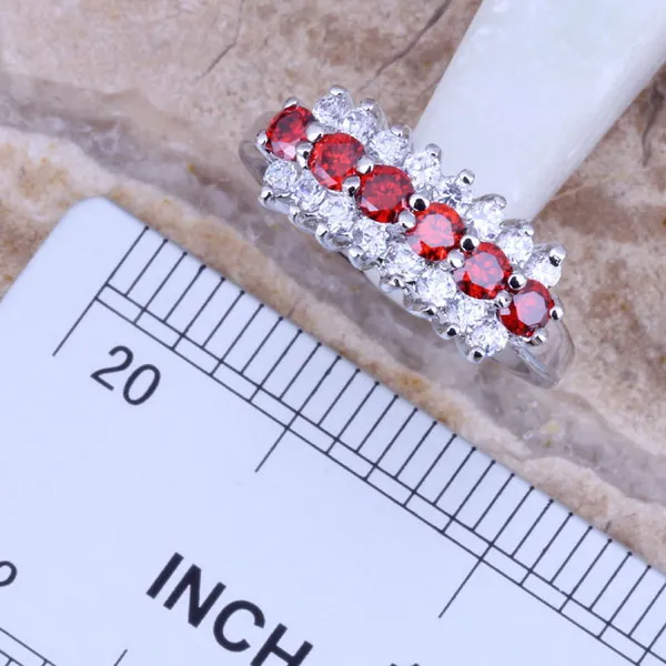 Precious Red Garnet White CZ Silver Plated Jewelry Sets Earrings Pendant Ring Size 6 / 7 / 8 / 9 / 10 S0155