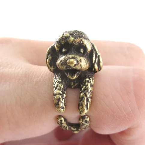 Kinitial 1PCS Antique Bronze Black Detailed Toy Poodle Shaped Animal Ring Tiny Dog Rings for Puppy Lover Gift anillos mujer