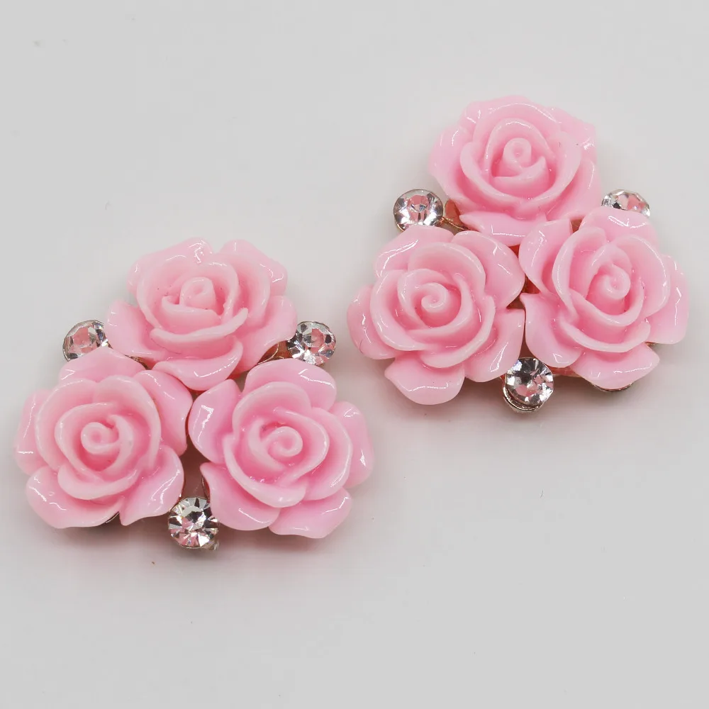 Resin Rose Flowers Button Oval Pink Golden Metal Wedding Bride Holding Flowers, Decorative Hair Accessories, Scrapbooking, 28mm