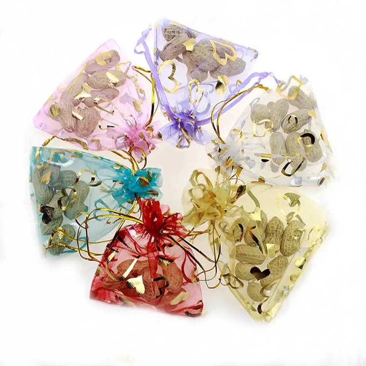 15*20cm 100pcs Multicolor Gold Heart Gift Bags For Jewelry/wedding/christmas Yarn Bag With Handles Packaging Organza Bags