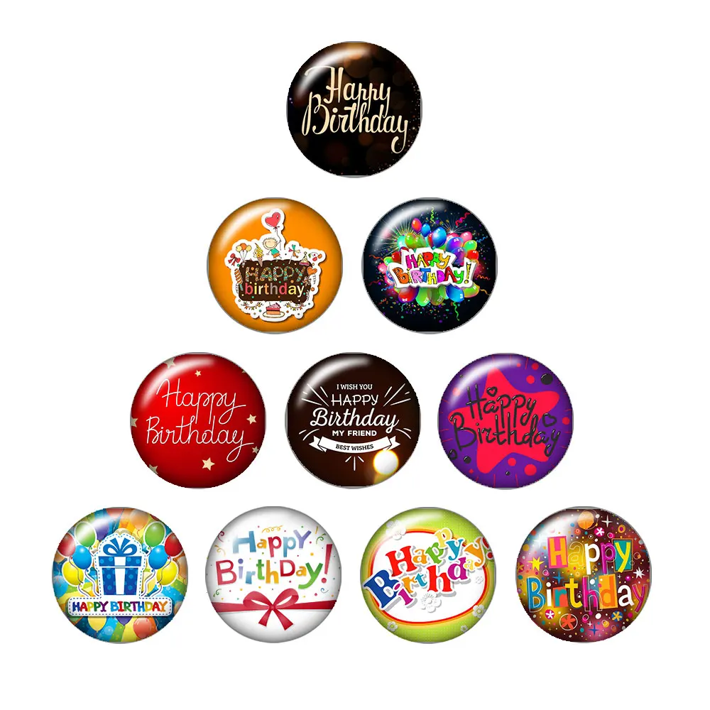 New Happy birthday 1lot(10pcs) 12mm/16mm/18mm/25mm Round photo glass cabochon demo flat back Making findings ZB0486