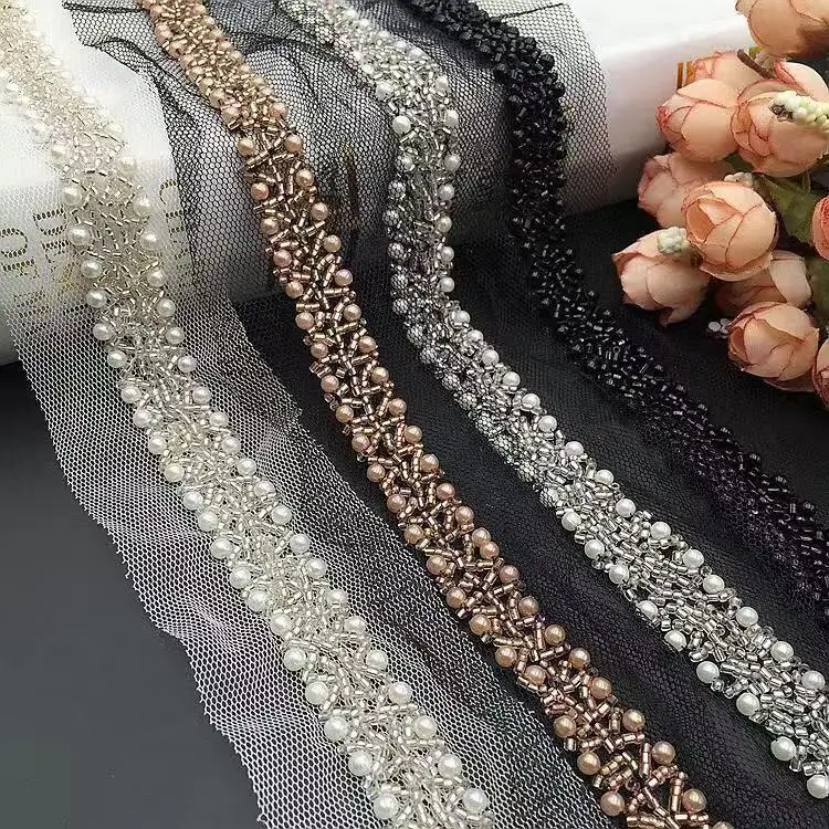 

10Yards 1.5cm -off white/black/gold handmade bead lace trim Wedding Lace Applique Flower Sewing Lace Trims Fabric DIY Craft