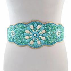 Boho Ethnic Wide Flower Waist Belt For Women Elastic Leather Stone Bead Dress Stretchy Corset Waistband Belly Body Chain Jewelry