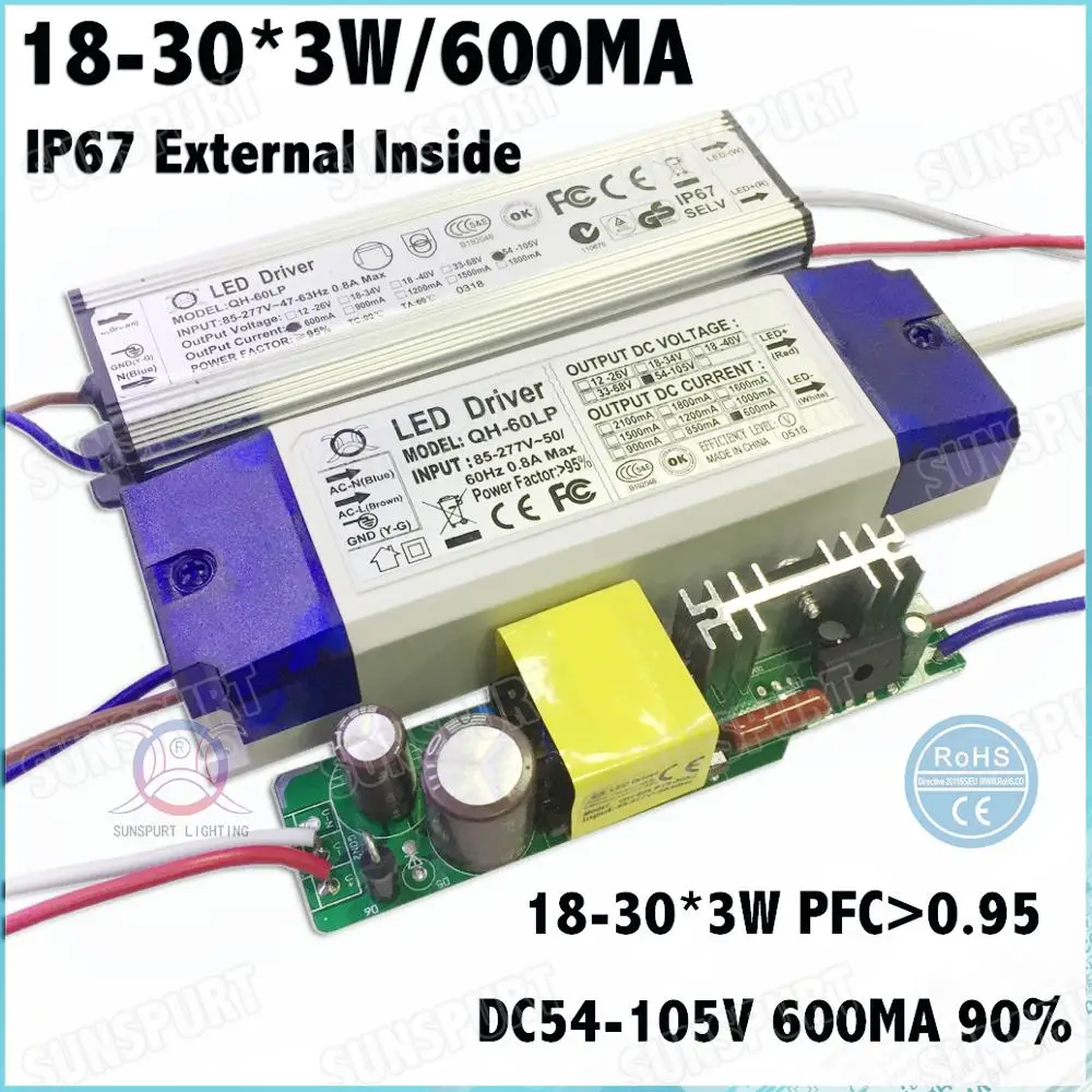 

2-10pieces High PFC 60W AC85-277V LED Driver 18-30Cx3W 600mA DC54-105V Constant Current Inside External Waterproof Free Shipping