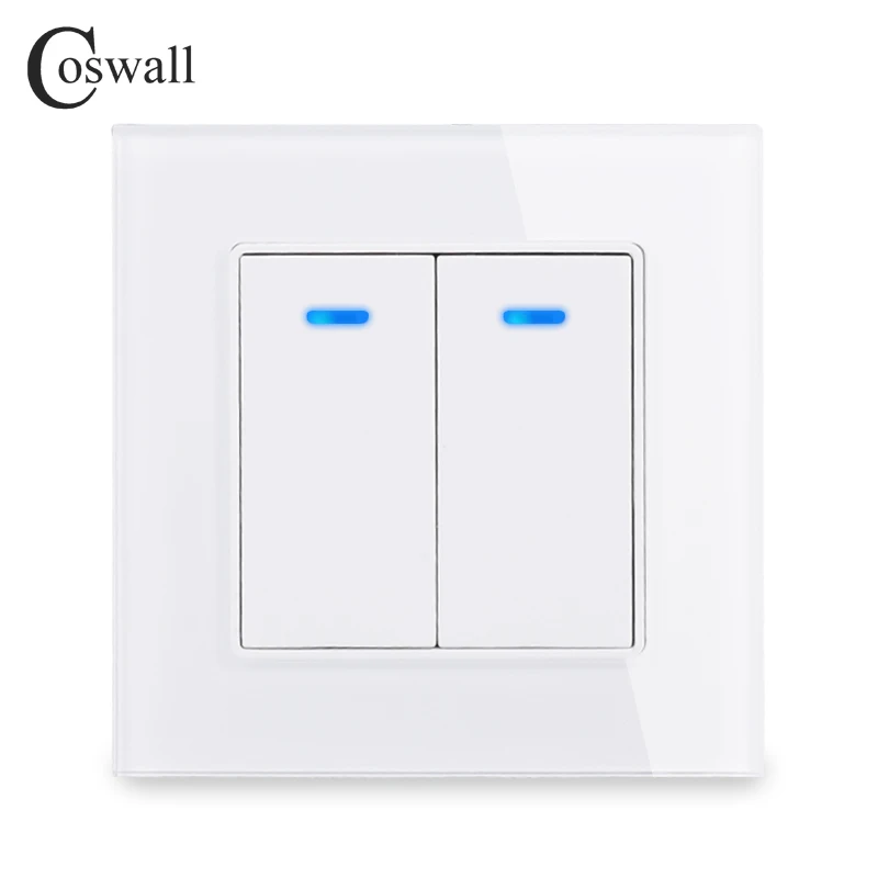 Coswall lüks kristal temperli cam Panel 2 Gang 1 yollu düz ışık anahtarı açık/kapalı duvar LED göstergeli anahtar 16A AC 250V