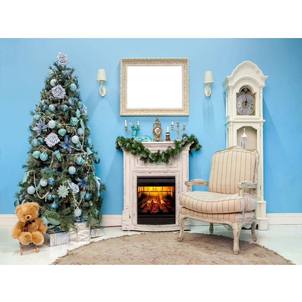 

Indoor Blue Wall Fireplace Christmas Tree Photo Backdrop Home Party Decoration Printed Toy Bear Children Photography Backgrounds