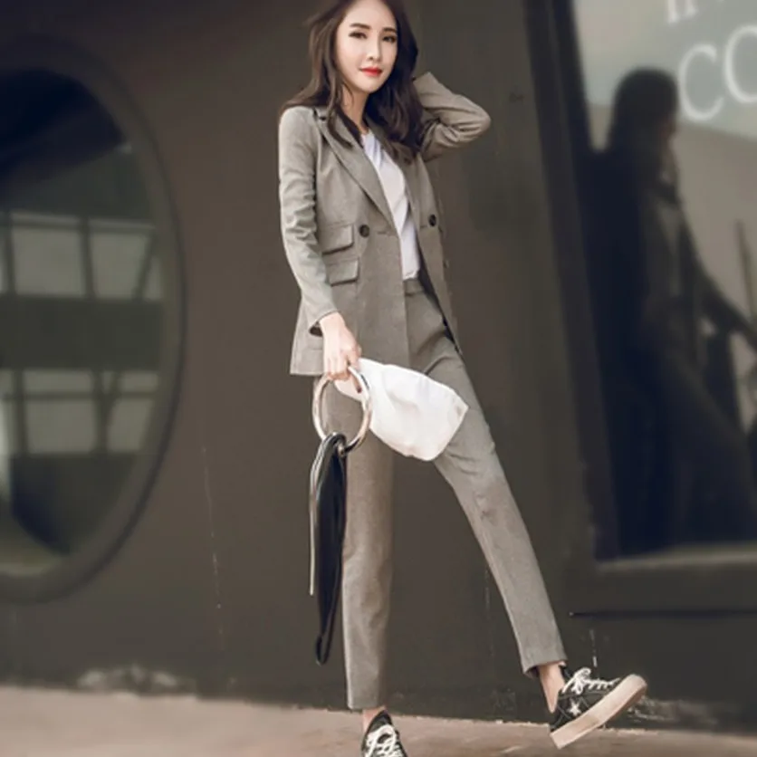 

Casual Solid Women Pant Suits Notched Collar Blazer Jacket & Pencil Pant black Female Suit Autumn high quality