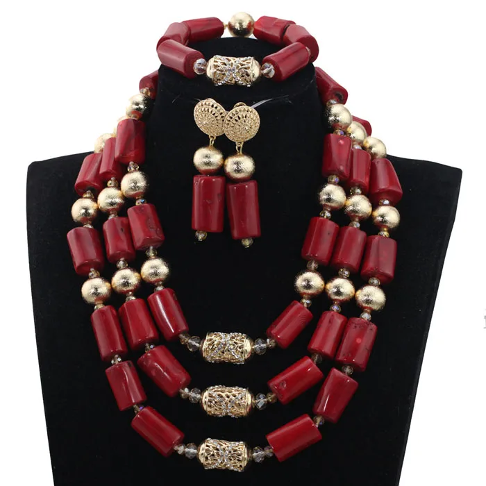 Trendy Gold Nigerian Dubai Jewelry Sets Traditional Wedding Beads Jewelry Sets Wine Red Coral Beaded Bridal Jewelry Sets ABH474