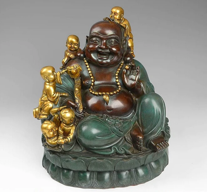 

Chinese Copper Painted Wealth Money Yuanbao Boy Happy Maitreya Buddha Statue