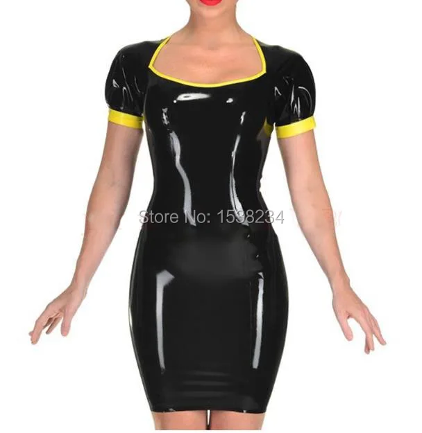 

Latex Girl Dress With Trims Rubber Latex Women Fetish Clothing Costumes Custom Made with Back Zip