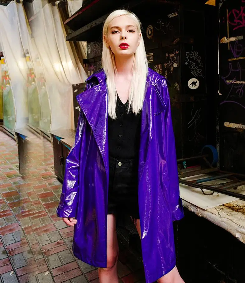 Fashion Glossy PU Windbreaker Leather Jacket Female Long Coat shiny Patent Leather Oversized Purple Pu Leather Outwear L1124