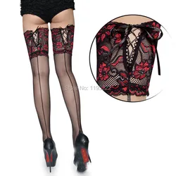 Punk Maid Sexy Cuban Heel Back Seam Stockings Wide Lace UP Hold Up Silicone 16cm Floral Top Thigh High Cross Bandage Stockings