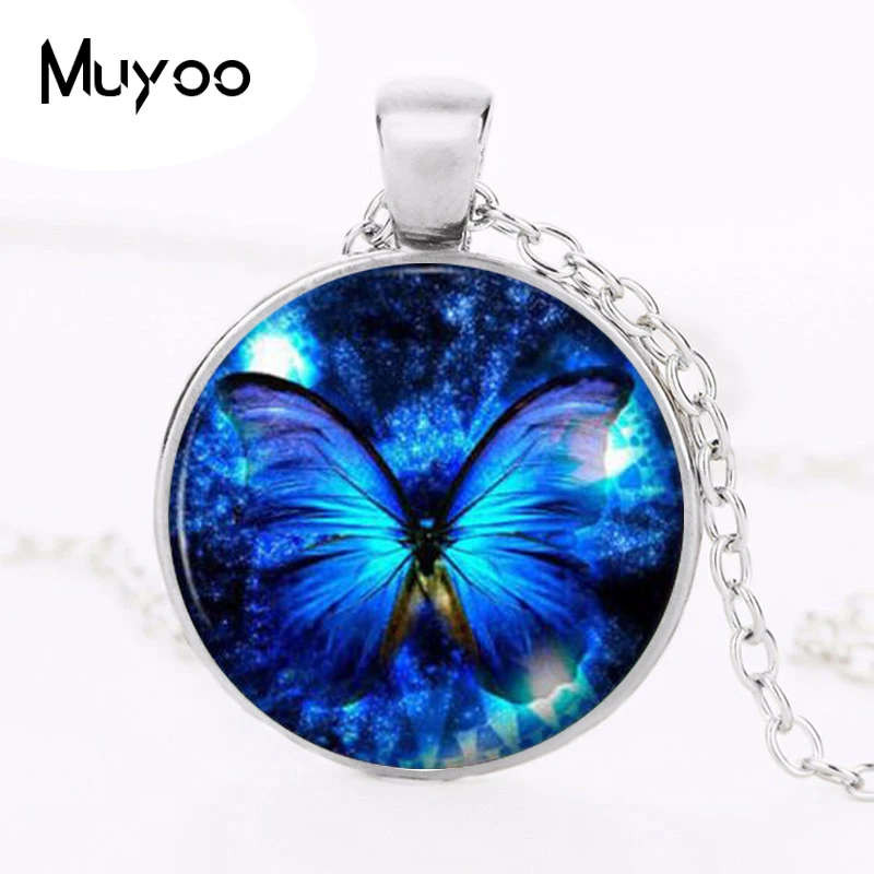 Picture: Blue Butterfly Pendant Necklace fashion vintage Glass pendant dome Cabochon Round Pendant steampunk necklace Jewelry HZ1
