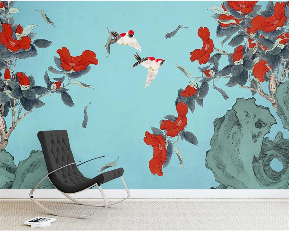 Beibehang Custom wallpaper Chinese hand-painted pen flower bird background wall living room bedroom background wall 3d wallpaper