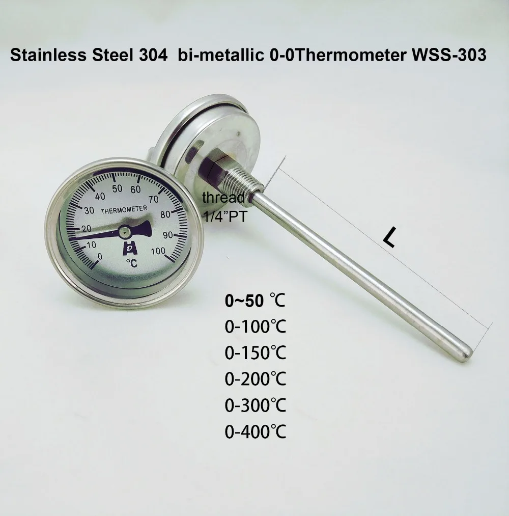 Termometr bimetaliczny ze stali nierdzewnej 304 0-50 ~ 300 stopni, długość sondy L = 100, 1/4 \