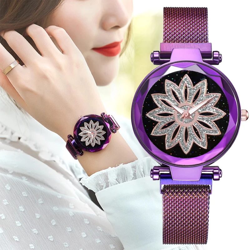 2023 Personality Romantic Starry Sky Women Magnet Buckle Watches Fashion Ladies Rhinestone Flower Steel Mesh Belt Quartz Watch