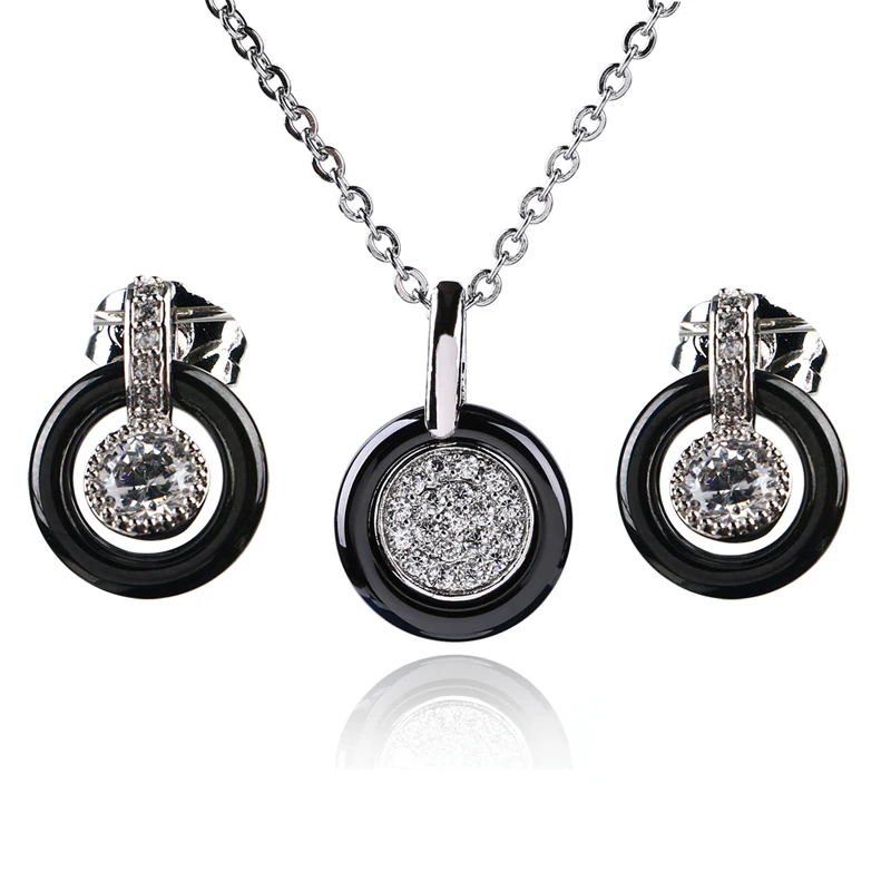 Silver Color Fashion Ceramic Jewelry Set Cubic Zircon Statement Long Pendant Necklace & Stud Earrings Wedding Jewelry for Women