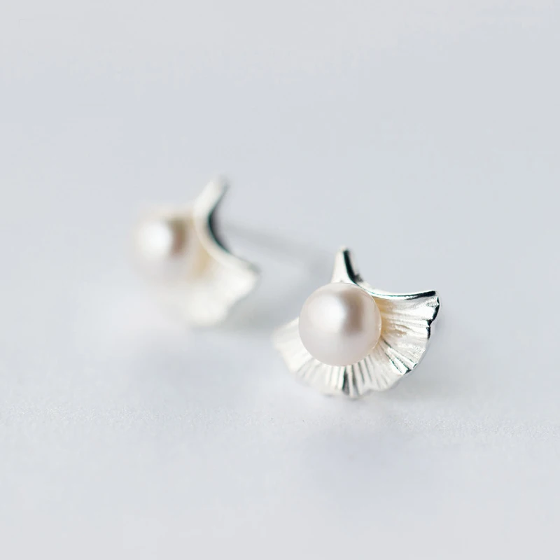 MloveAcc 925 Sterling Silver Elegance Ginkgo Biloba Leaf Stud Earrings with Pearl for Women Girls Sterling Silver Jewe